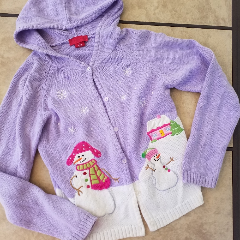 SWEATER Hooded Cardigan Size L Lilac lavender purple snowmen applique